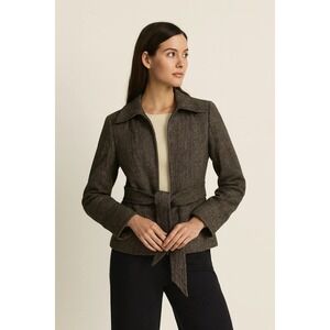 J. Crew Robert Noble Jacket Women's Size 2 Gray Black Herringbone Wool Belted